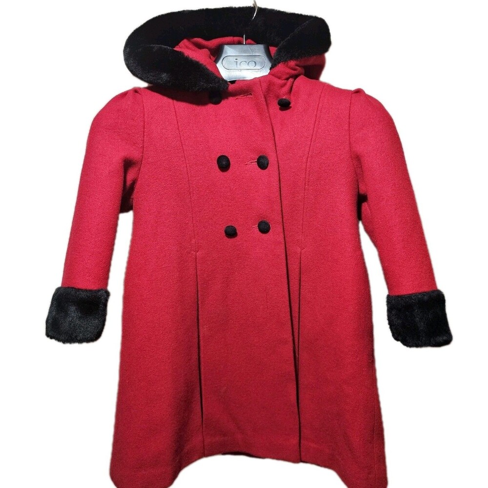 Vtg Stephanie Matthews Girls Wool Red Double Breasted Pea Coat Black Velvet  5